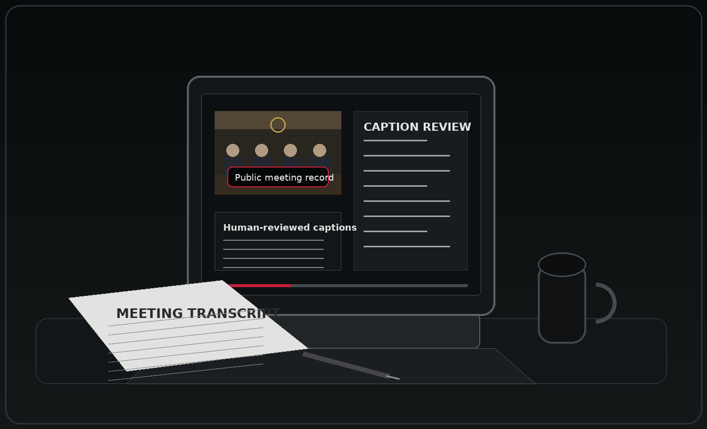 Laptop showing a public meeting recording beside a transcript and review document.
